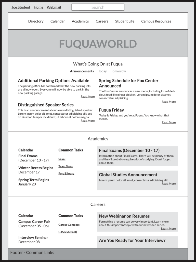 Grayscale, low-fideilty wireframe of FuquaWorld homepage.
