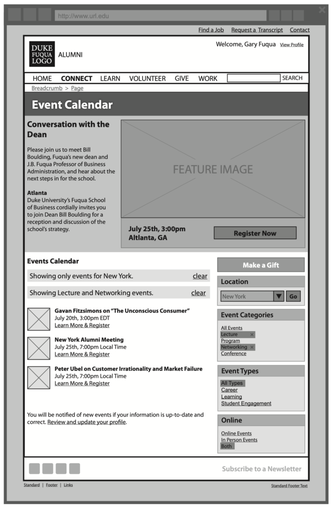 Event calendar landing page wireframe