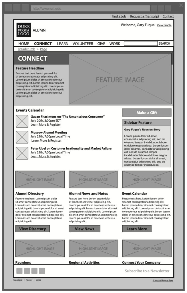Connect top-level landing page wireframe