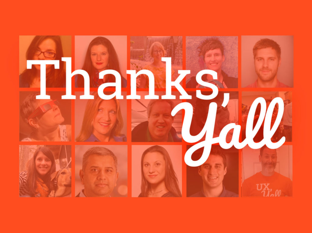Slide with photos of volunteers and overlaid text reading "Thanks, Y'all"
